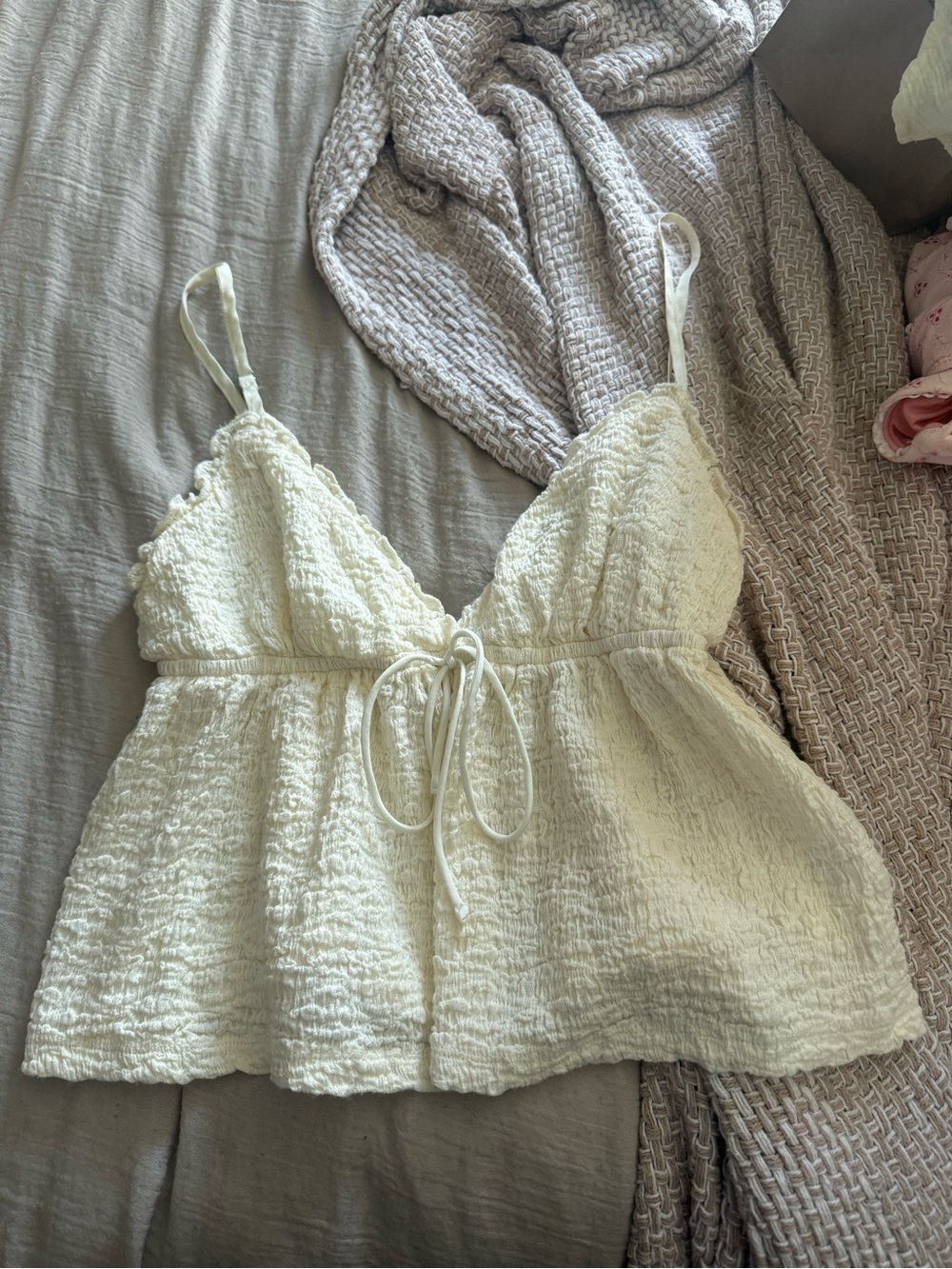 Cream/yellow Textured Tie-Front Cami Top - Women